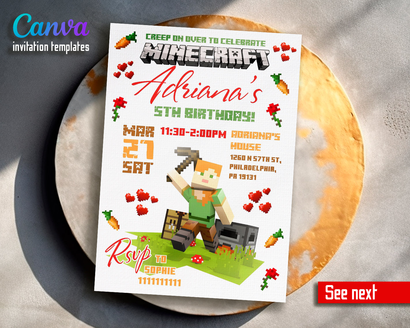 Minecraft customizable invite template | instant download | Share or Print | BQ140