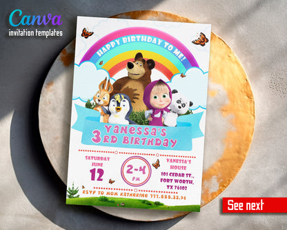 Masha and Bear customizable invite template girl | instant download | Share or Print | XG599