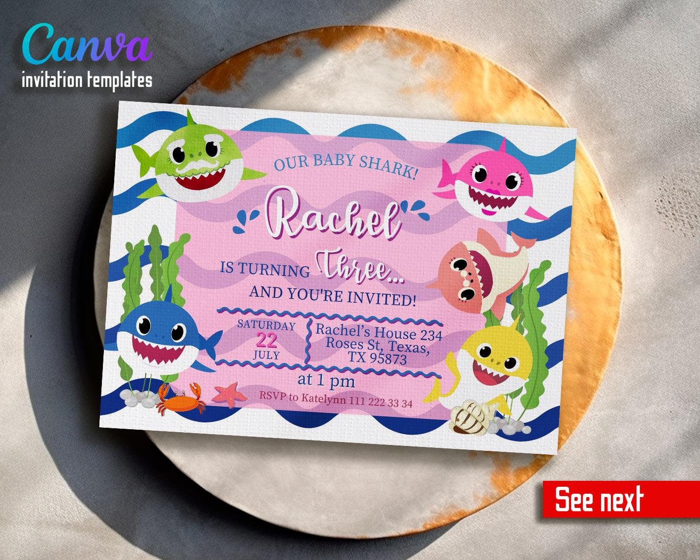 Baby Shark customizable invite template girl | instant download | Share or Print | ZU015