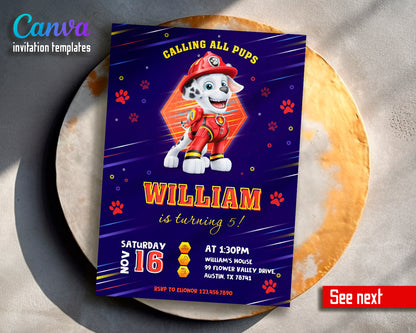 Paw Patrol customizable invite template boy | instant download | Share or Print | YZ121