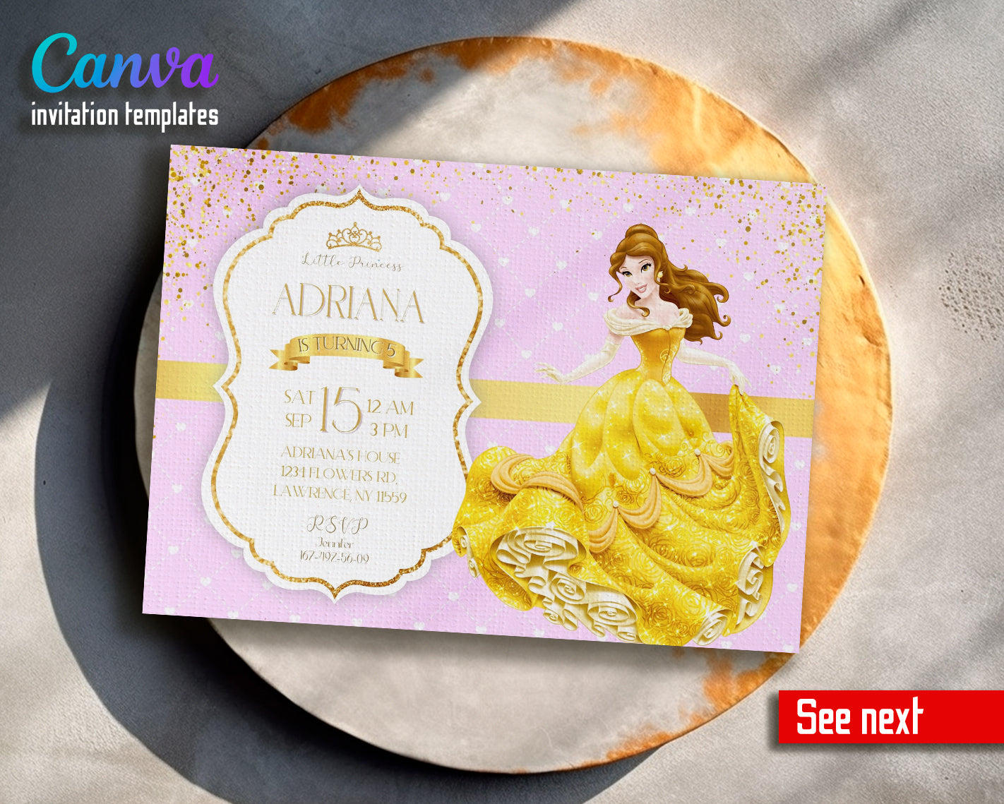 Belle Princess customizable invite template girl | instant download | Share or Print | IO966