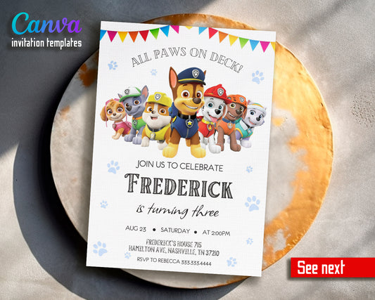 Paw Patrol customizable invite template | instant download | Share or Print | PT142