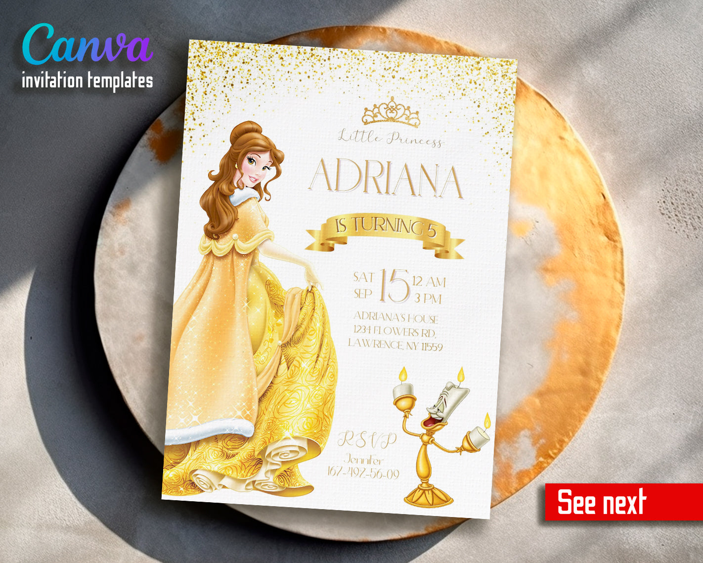 Belle Princess customizable invite template girl | instant download | Share or Print | PR115