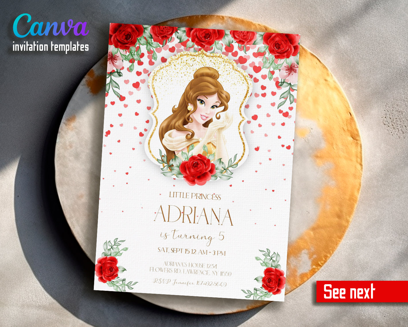 Belle Princess customizable invite template girl | instant download | Share or Print | EF657