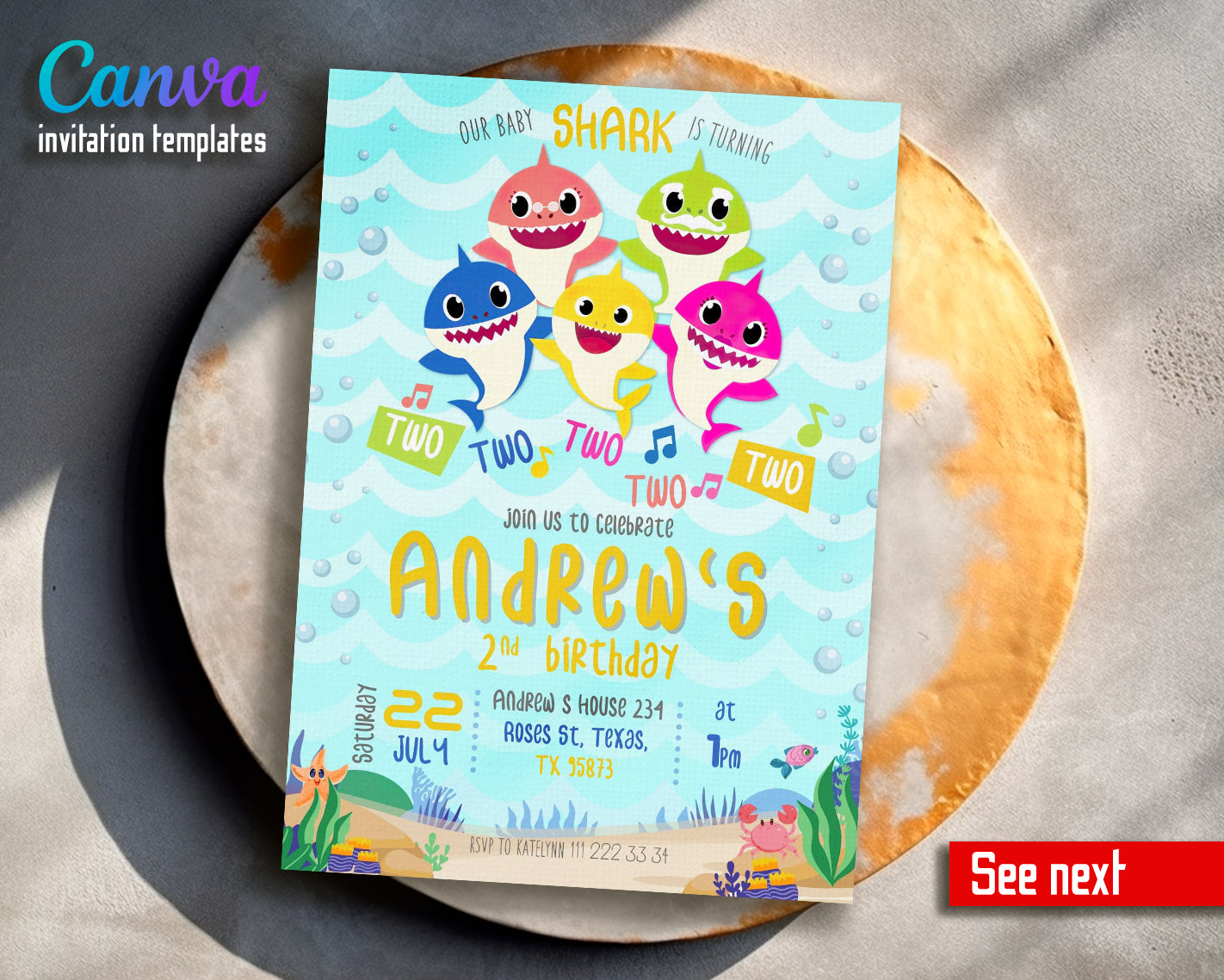 Baby Shark customizable invite template | instant download | Share or Print | PG680