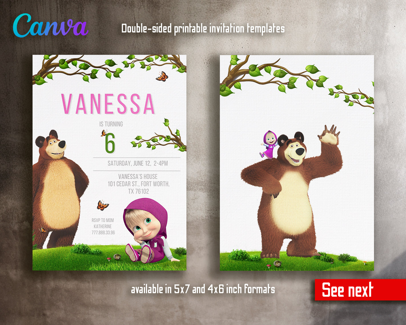 Masha and Bear customizable invite template girl | instant download | Share or Print | ZA196