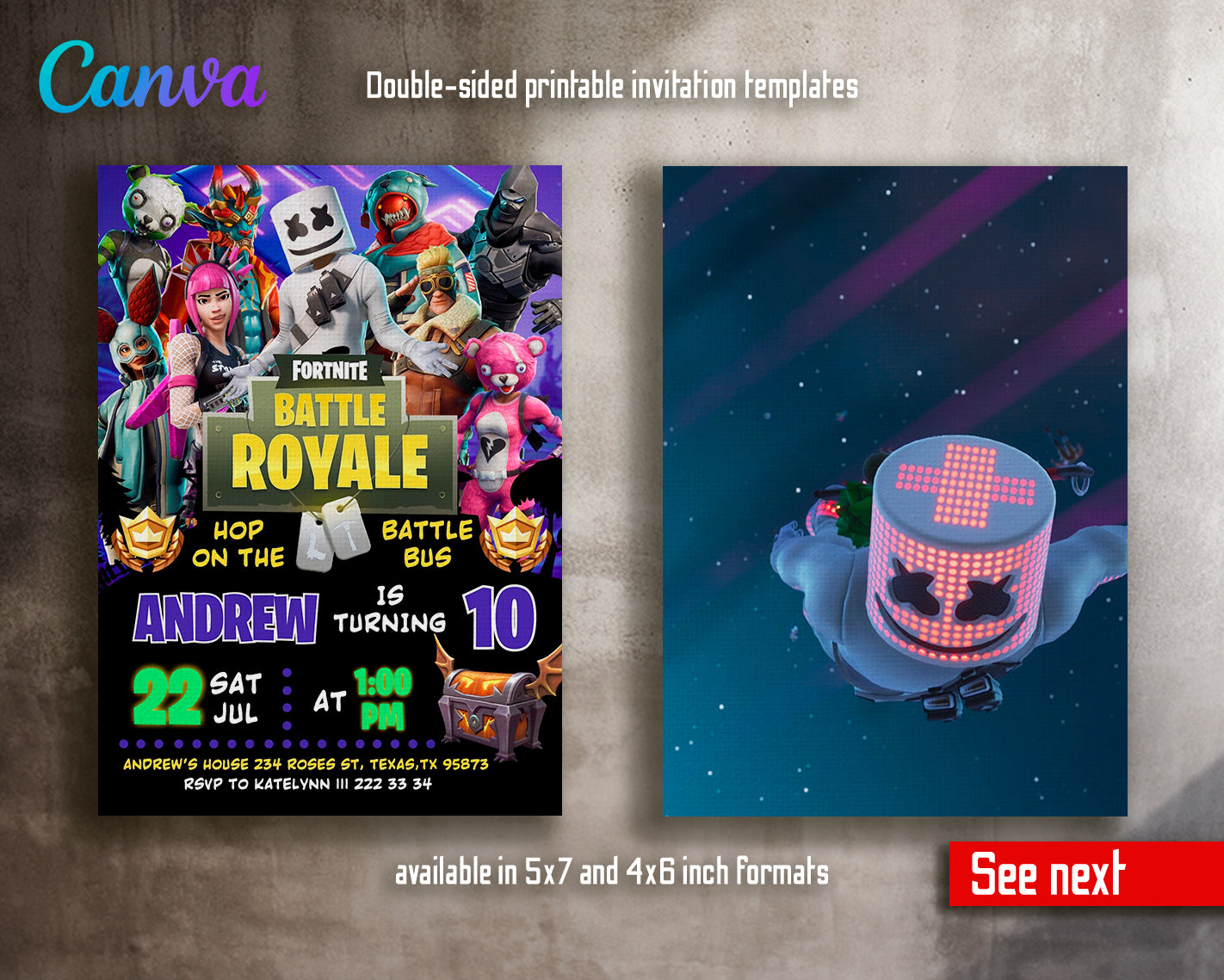 Fortnite gamer customizable invite template | instant download | Share or Print | BZ699