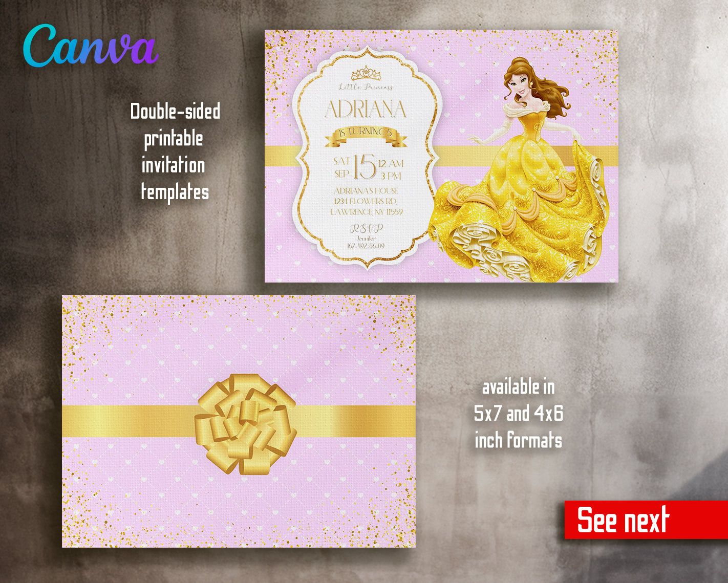 Belle Princess customizable invite template girl | instant download | Share or Print | IO966