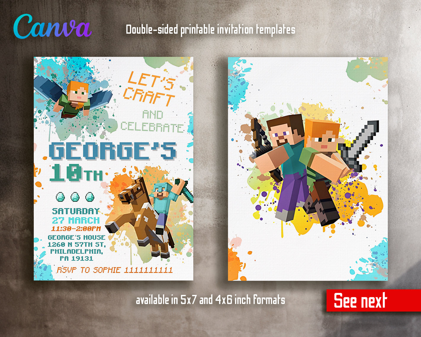 Minecraft customizable invite template | instant download | Share or Print | FY945