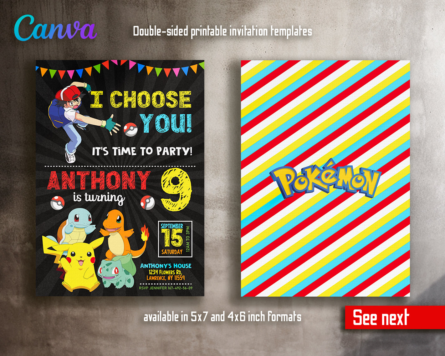 pokemon card print template Pokemon customizable invite template | instant download
