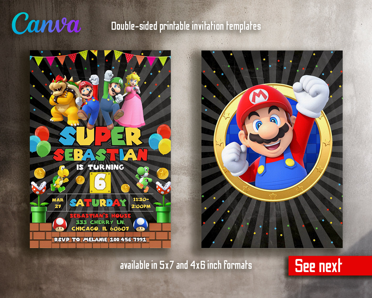 Super Mario Bros customizable invite template | instant download | Share or Print | XF357