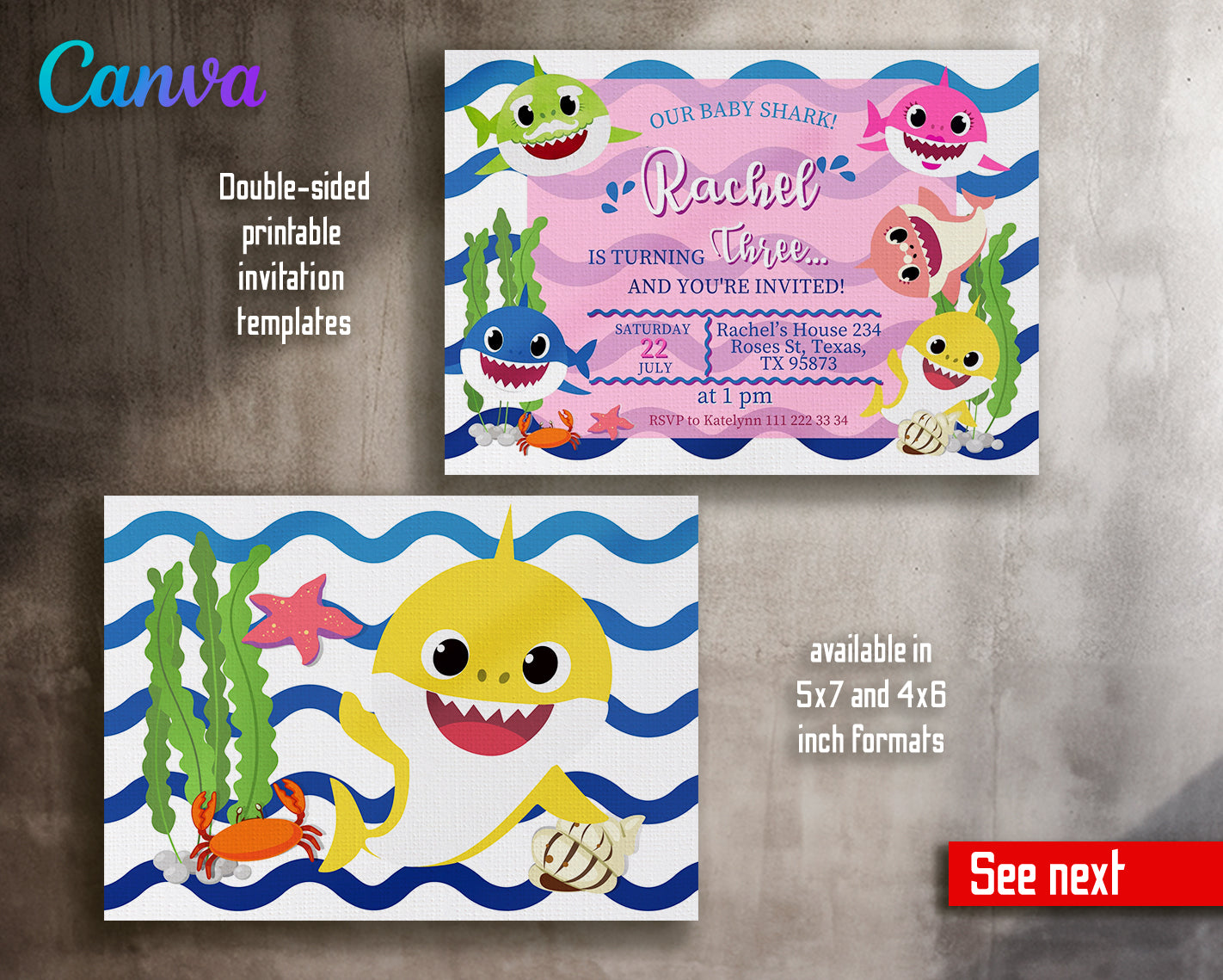 Baby Shark customizable invite template girl | instant download | Share or Print | ZU015