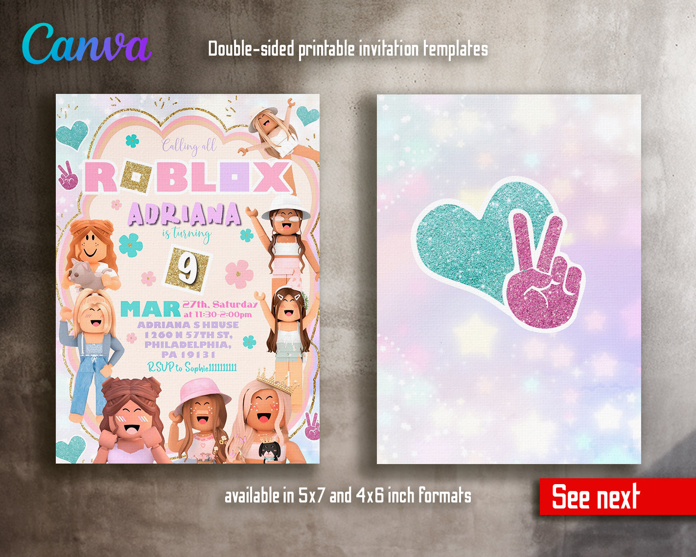 Roblox customizable invite template girl | instant download | Share or Print | IB746