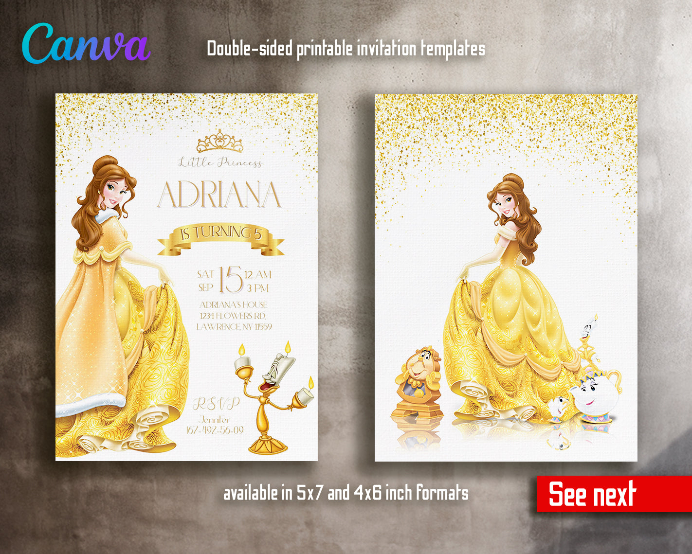 Belle Princess customizable invite template girl | instant download | Share or Print | PR115