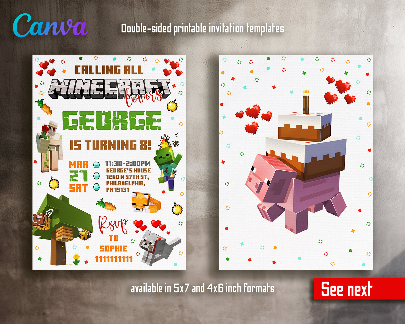 Minecraft customizable invite template | instant download | Share or Print | ZZ975