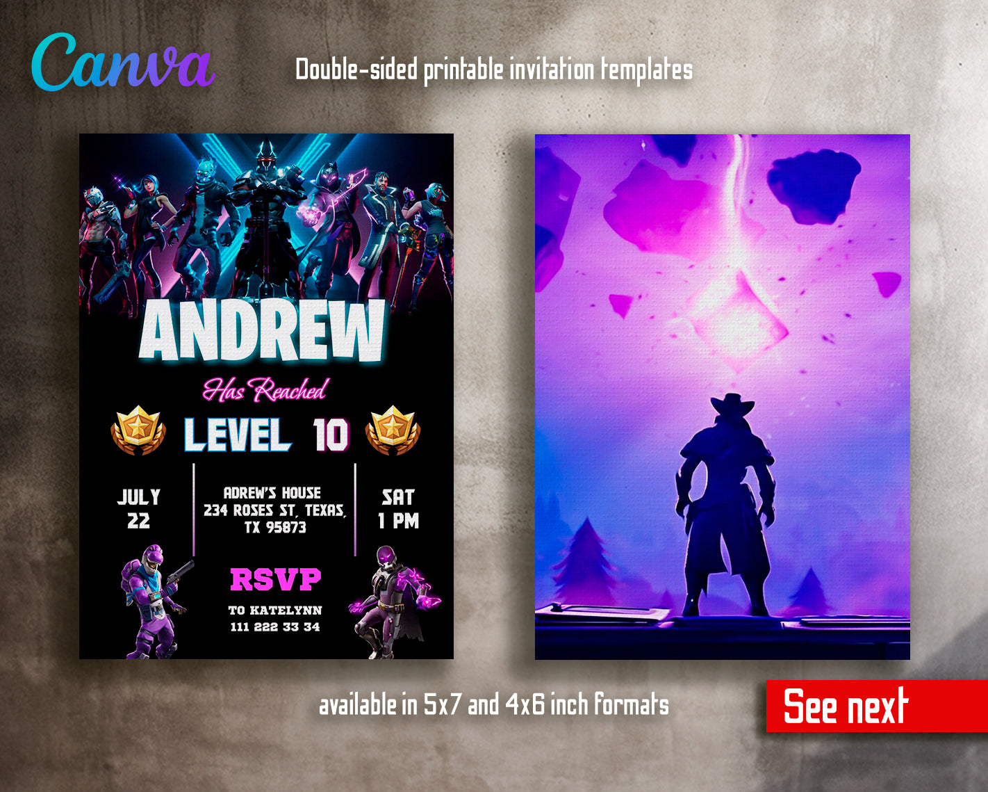 Fortnite gamer customizable invite template | instant download | Share or Print | SV149