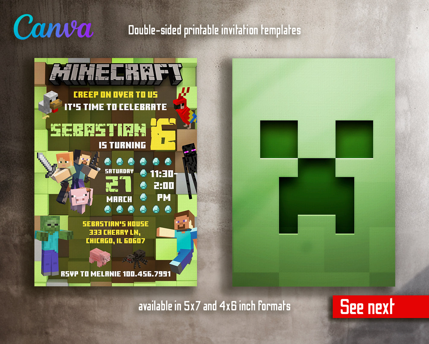 Minecraft customizable invite template | instant download | Share or Print | PX007