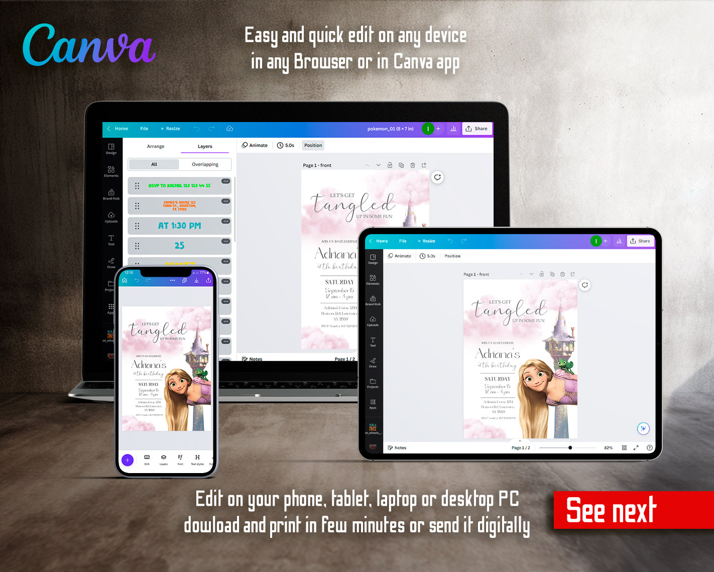 Rapuncel Princess customizable invite template girl | instant download | Share or Print | GW454