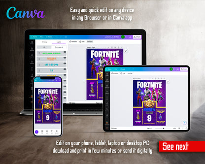 Fortnite gamer customizable invite template | instant download | Share or Print | BQ350