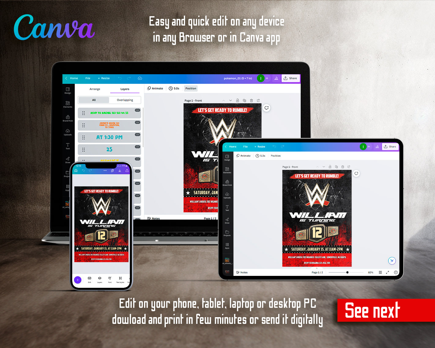 Wrestling customizable invite template | instant download | Share or Print | GC581