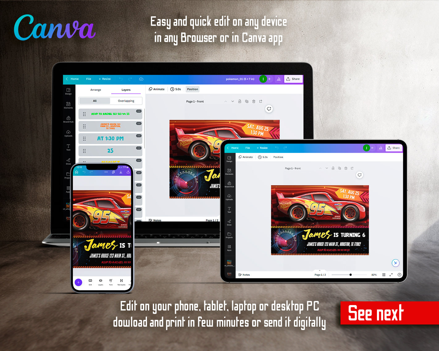 Cars Lighting McQueen customizable invite template | instant download | Share or Print | XY830