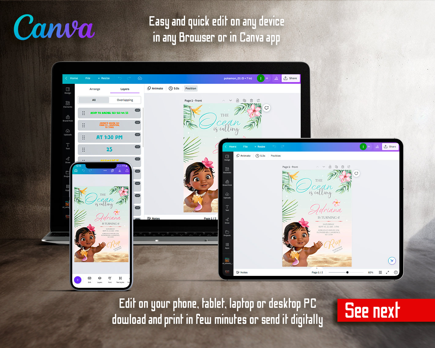 Moana Princess customizable invite template girl | instant download | Share or Print | NE220