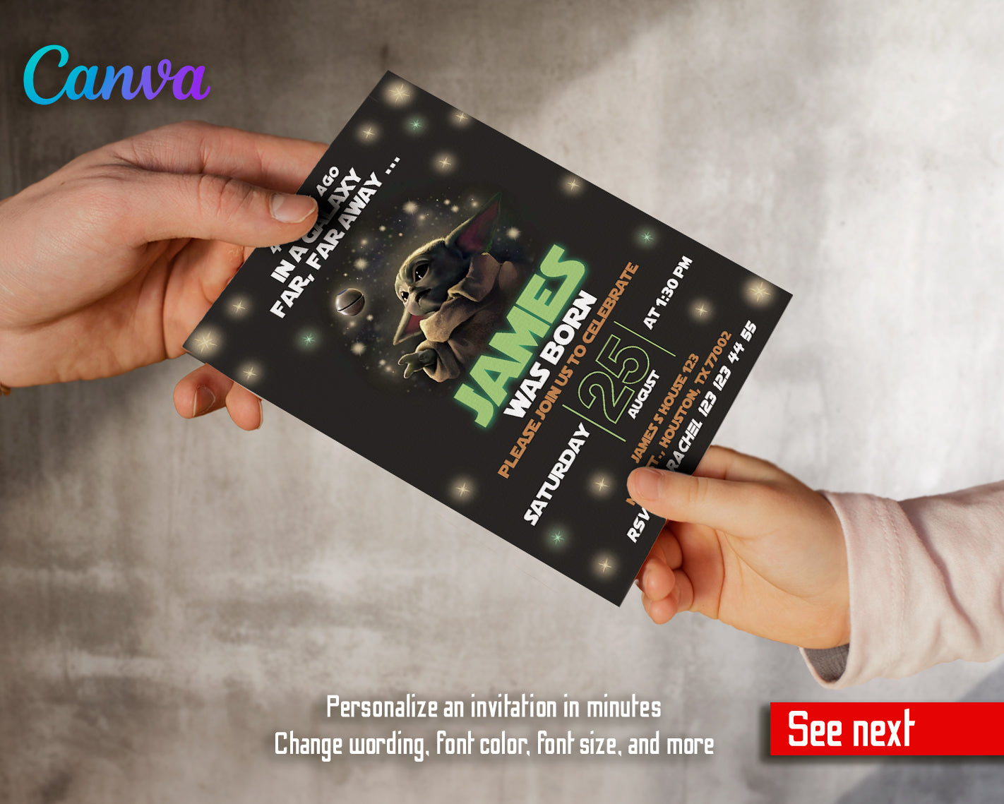 Baby Yoda, Star Wars customizable invite template | instant download | Share or Print | PG553