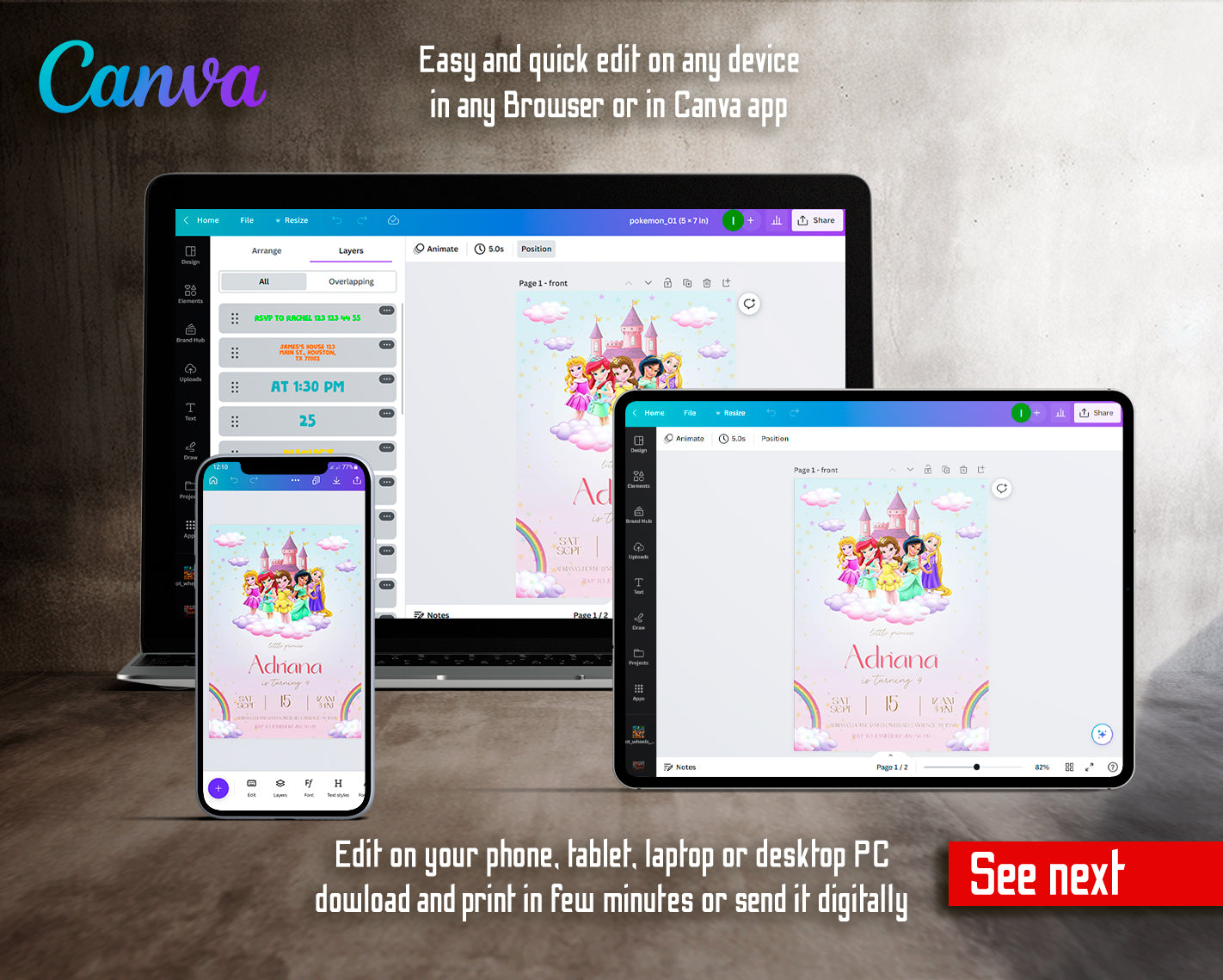 Princess Disney customizable invite template girl | instant download | Share or Print | IL338