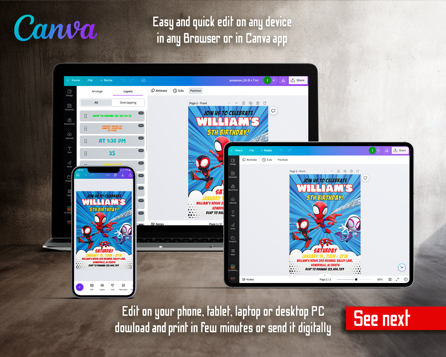 Spidey Friends, Spiderman customizable invite template boy | instant download | Share or Print | MI292