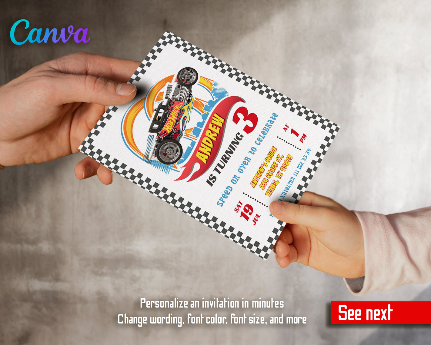 Hot Wheels customizable invite template boy | instant download | Share or Print | OB104