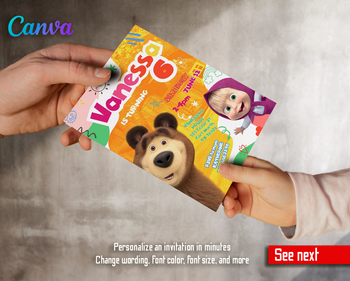 Masha and Bear customizable invite template girl | instant download | Share or Print | MW123