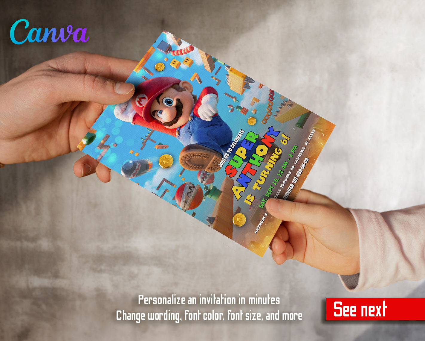 Super Mario Bros customizable invite template | instant download | Share or Print | PE891