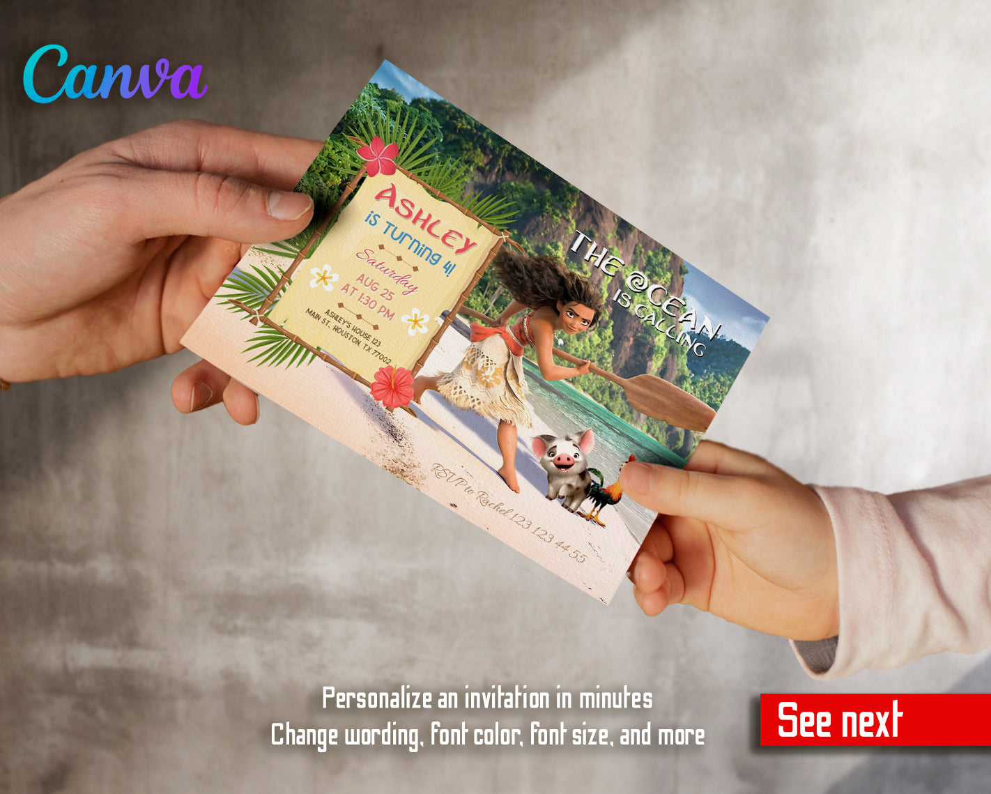 Moana Princess customizable invite template girl | instant download | Share or Print | VO666