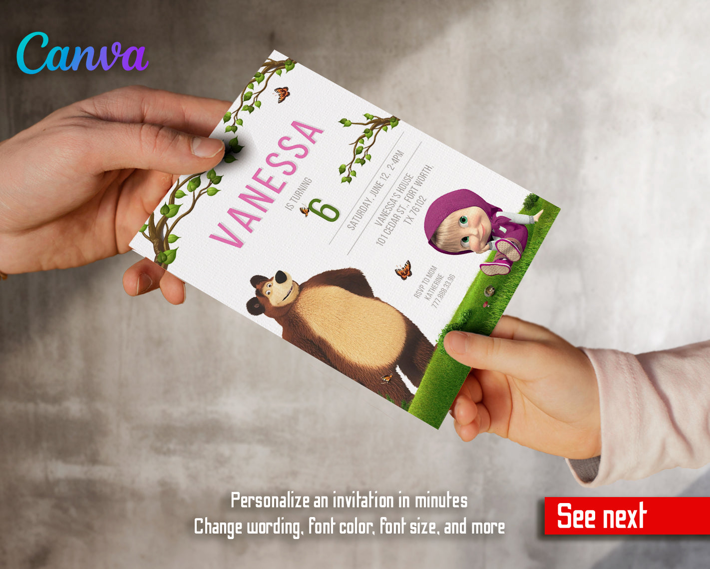 Masha and Bear customizable invite template girl | instant download | Share or Print | ZA196