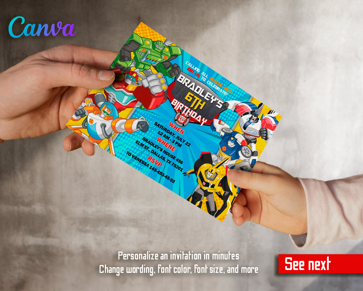 Transformers, Rescue Bots customizable invite template boy | instant download | Share or Print | TG100