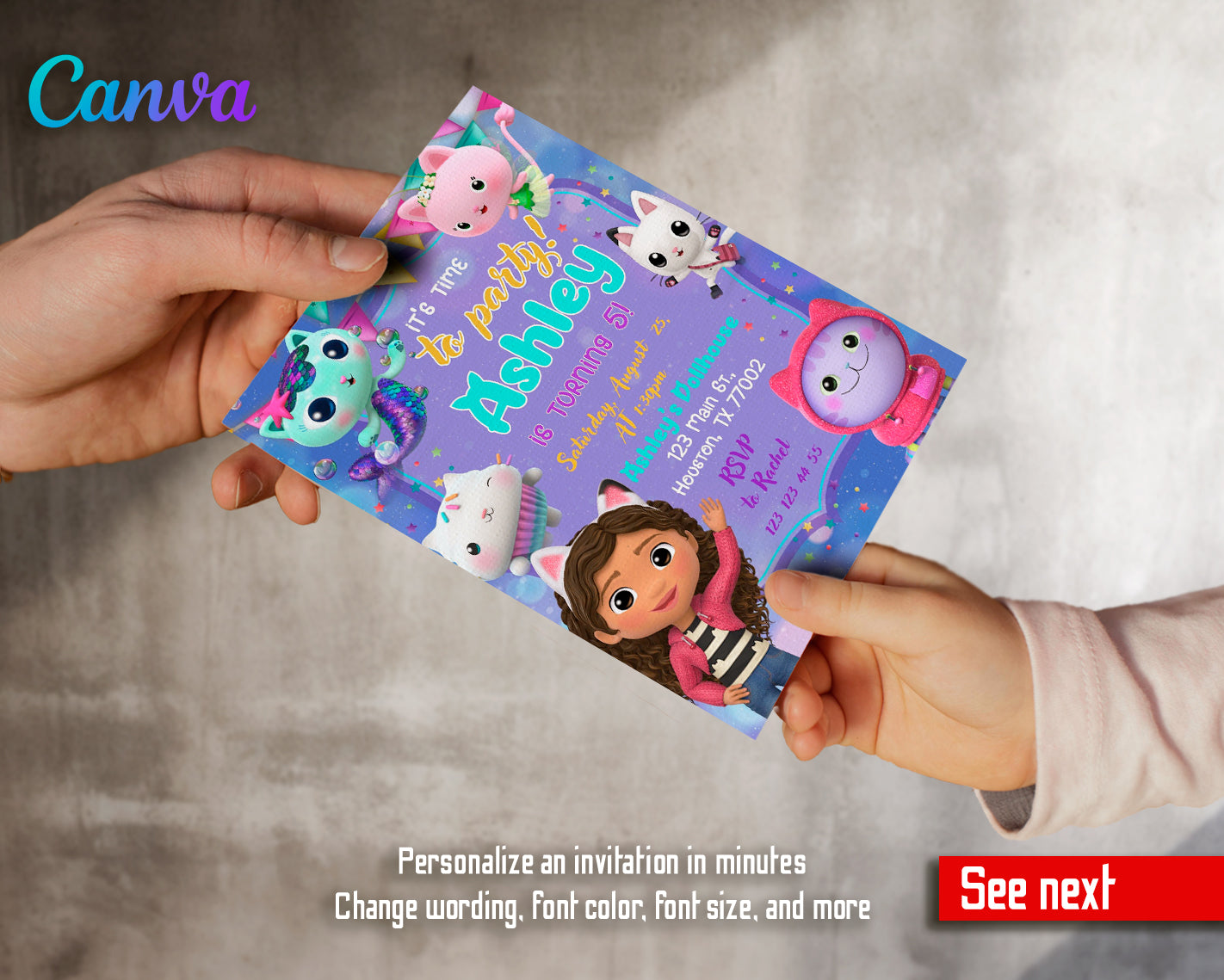 Gabby's Dollhouse customizable invite template girl | instant download | Share or Print | FC894