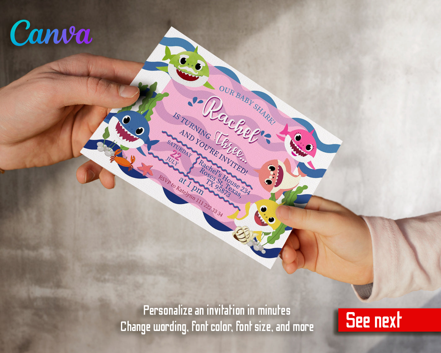 Baby Shark customizable invite template girl | instant download | Share or Print | ZU015