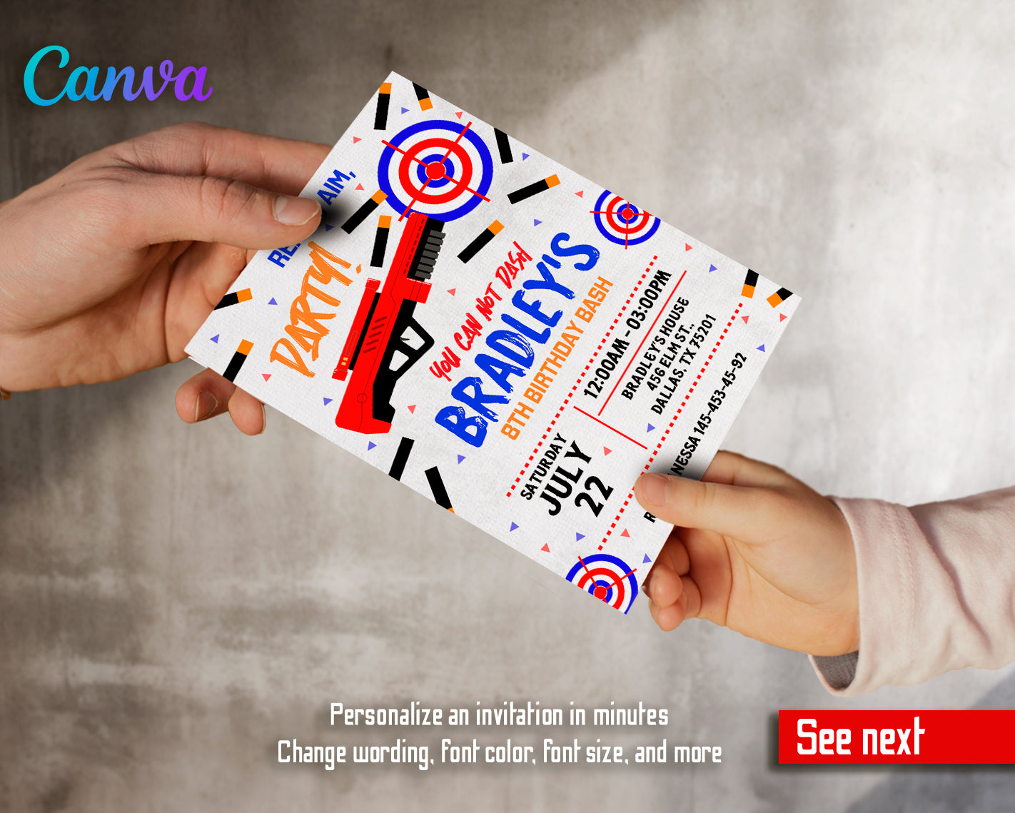 Nerf Dart Gun customizable invite template boy | instant download | Share or Print | TI005