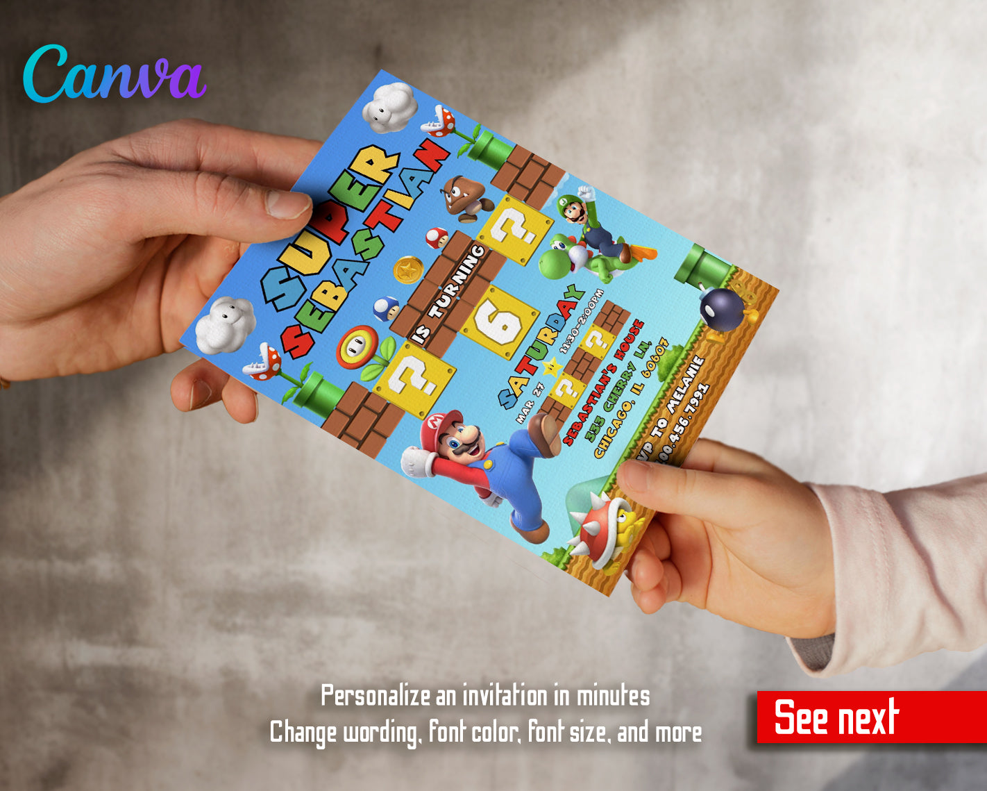 Super Mario Bros customizable invite template | instant download | Share or Print | IG136