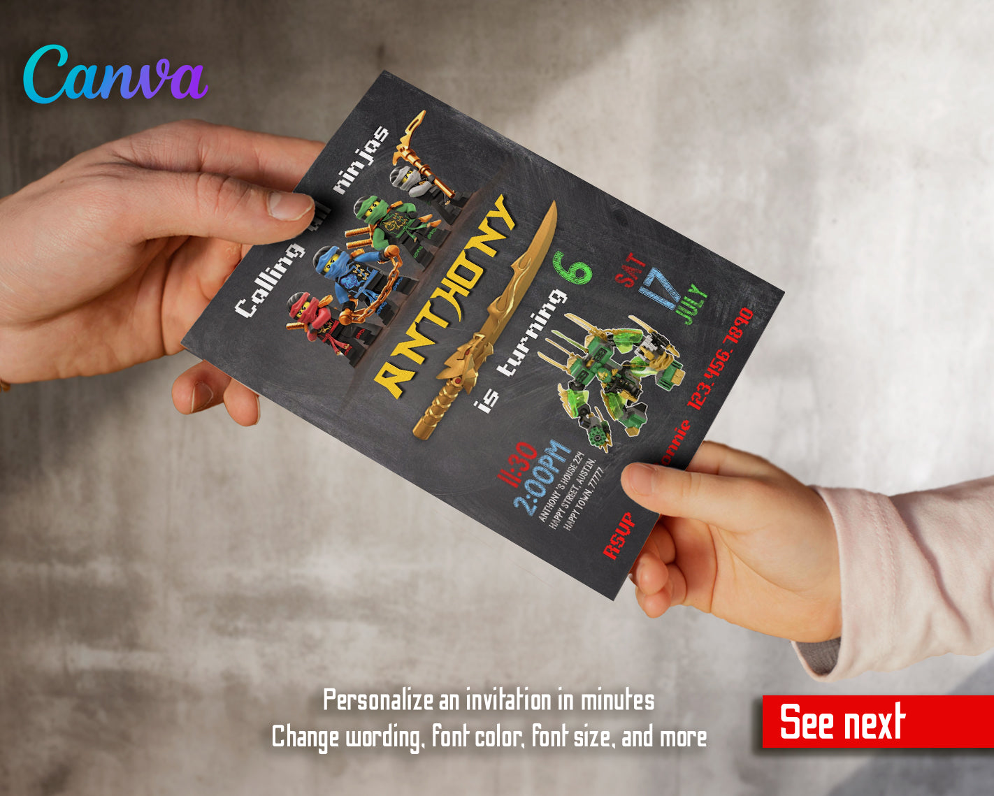 Ninjago customizable invite template boy | instant download | Share or Print | SQ029