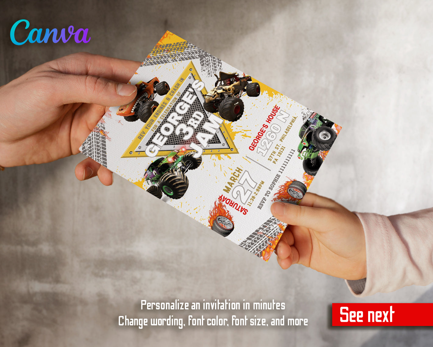 Monster Jam customizable invite template boy | instant download | Share or Print | GF122