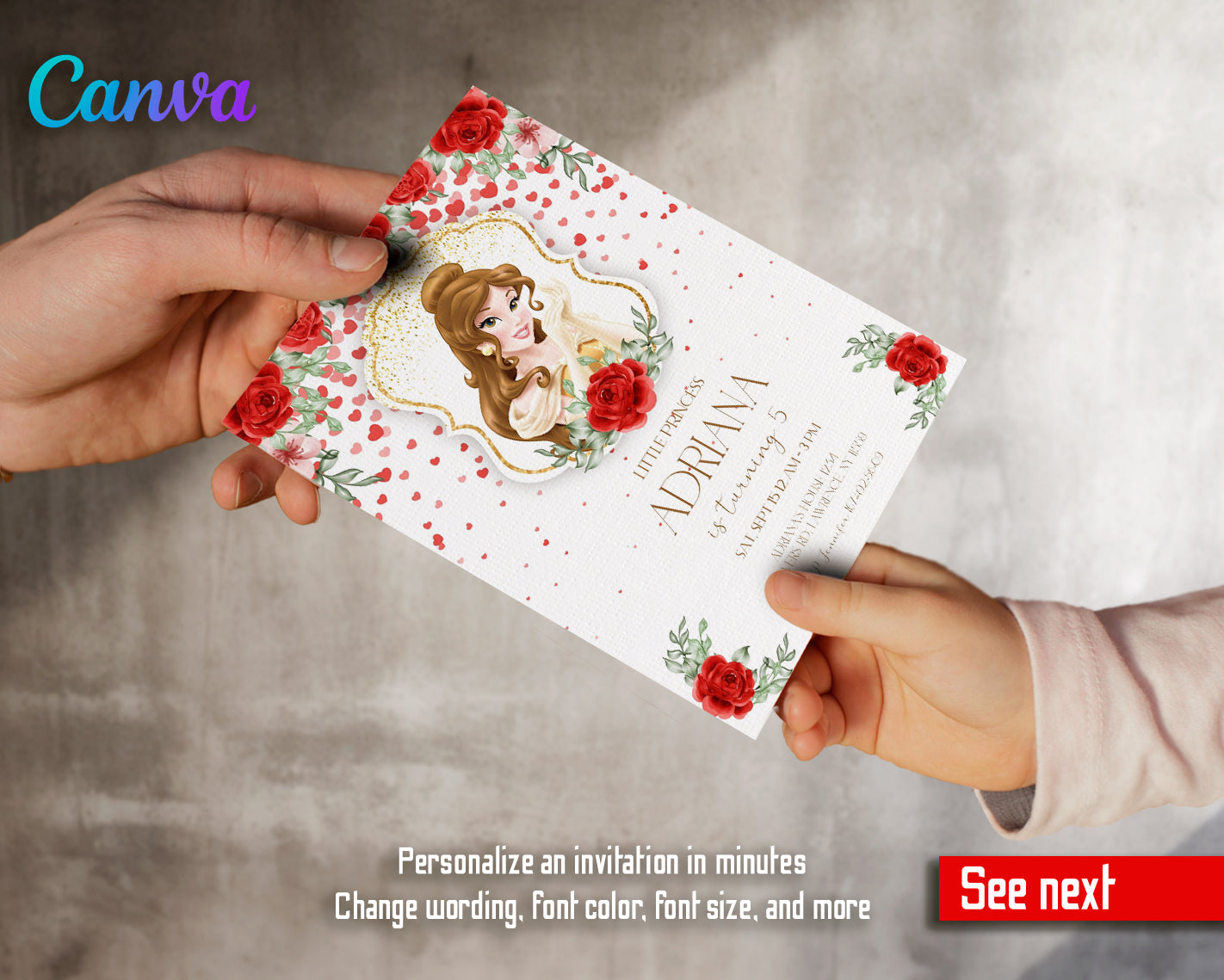 Belle Princess customizable invite template girl | instant download | Share or Print | EF657