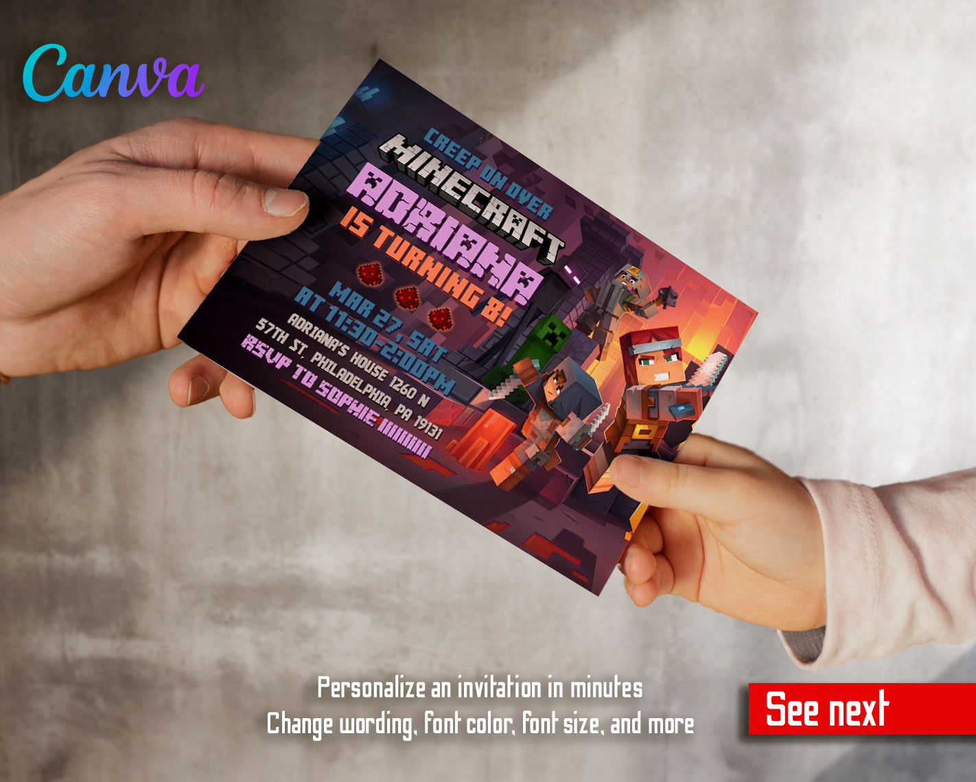 Minecraft customizable invite template | instant download | Share or Print | EZ995