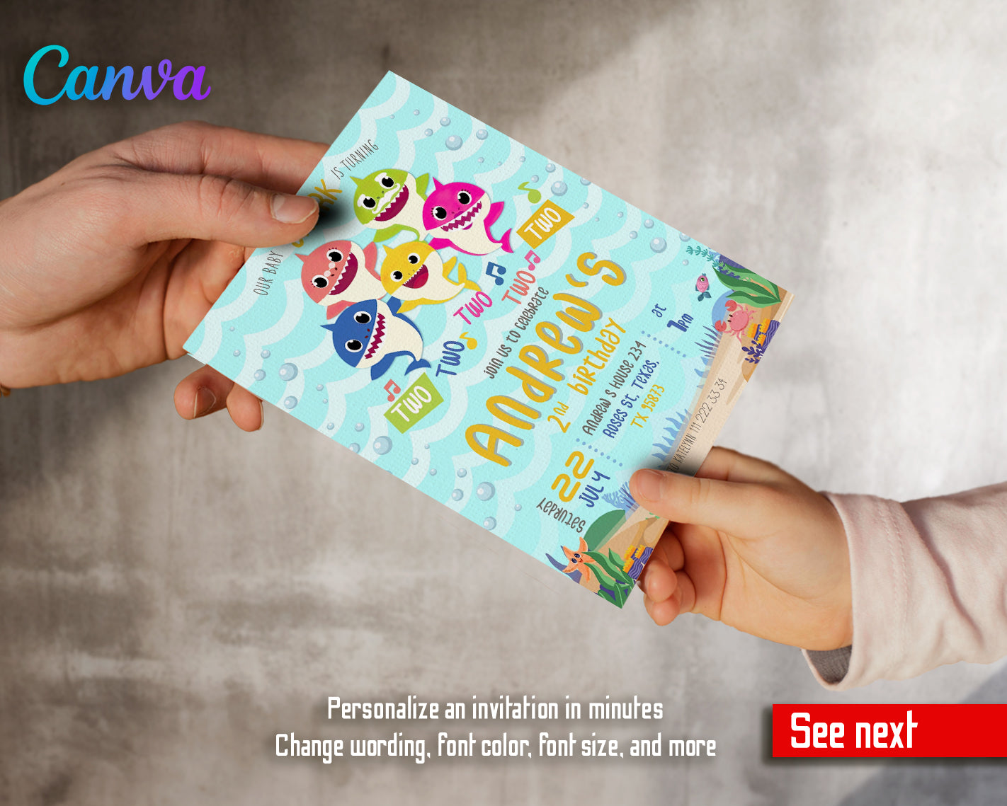 Baby Shark customizable invite template | instant download | Share or Print | PG680