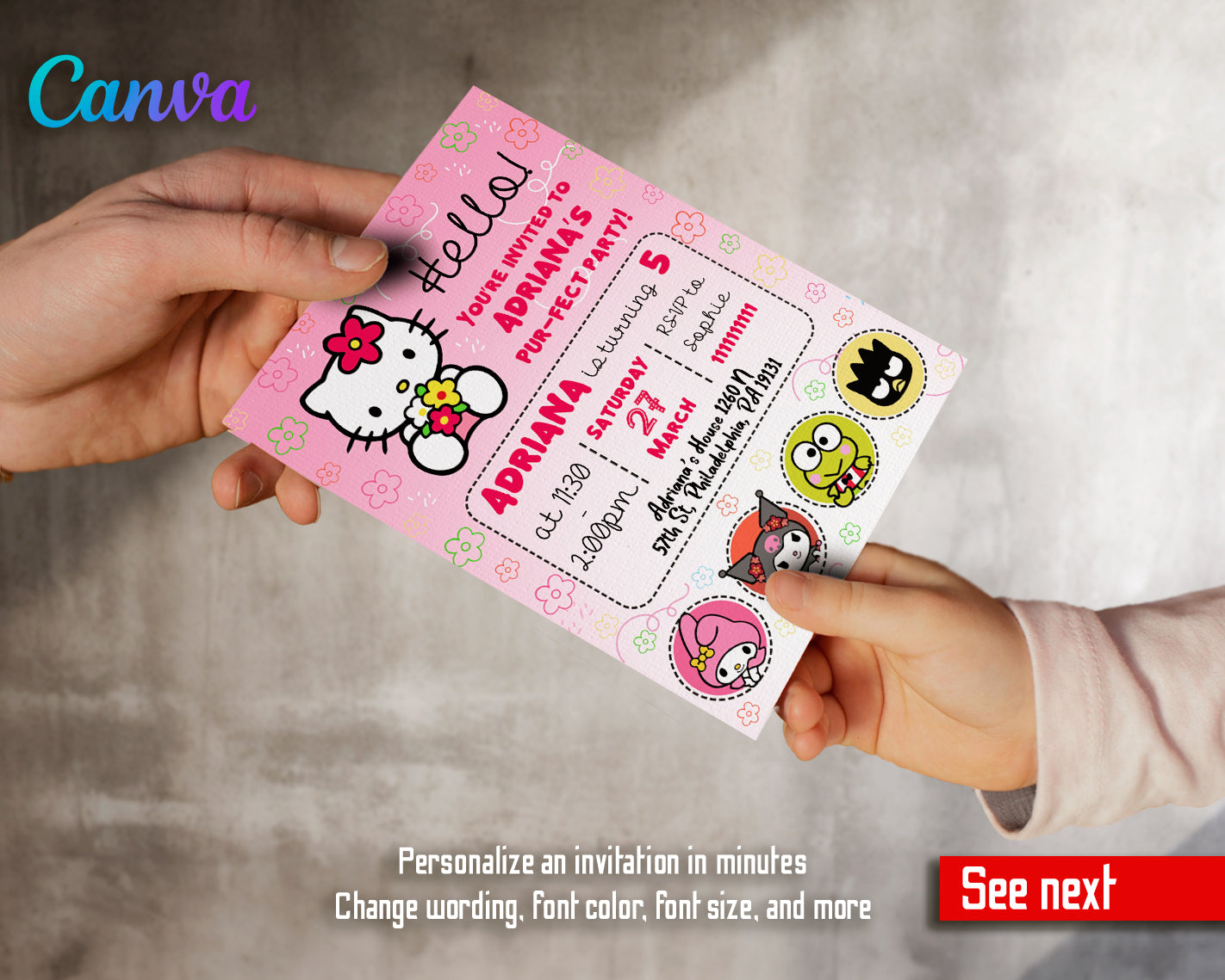 Hello Kitty customizable invite template girl | instant download | Share or Print | XQ289