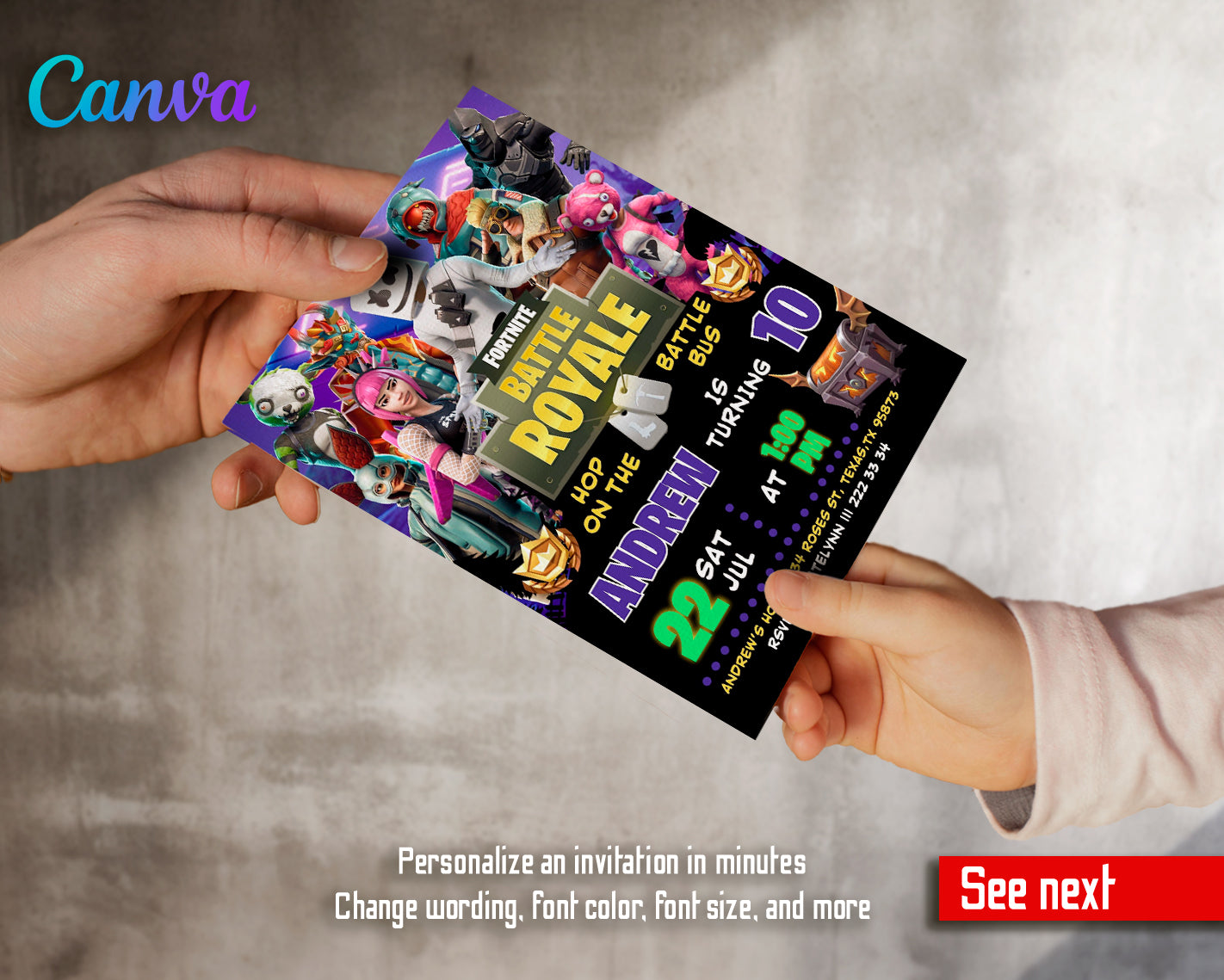 Fortnite gamer customizable invite template | instant download | Share or Print | BZ699