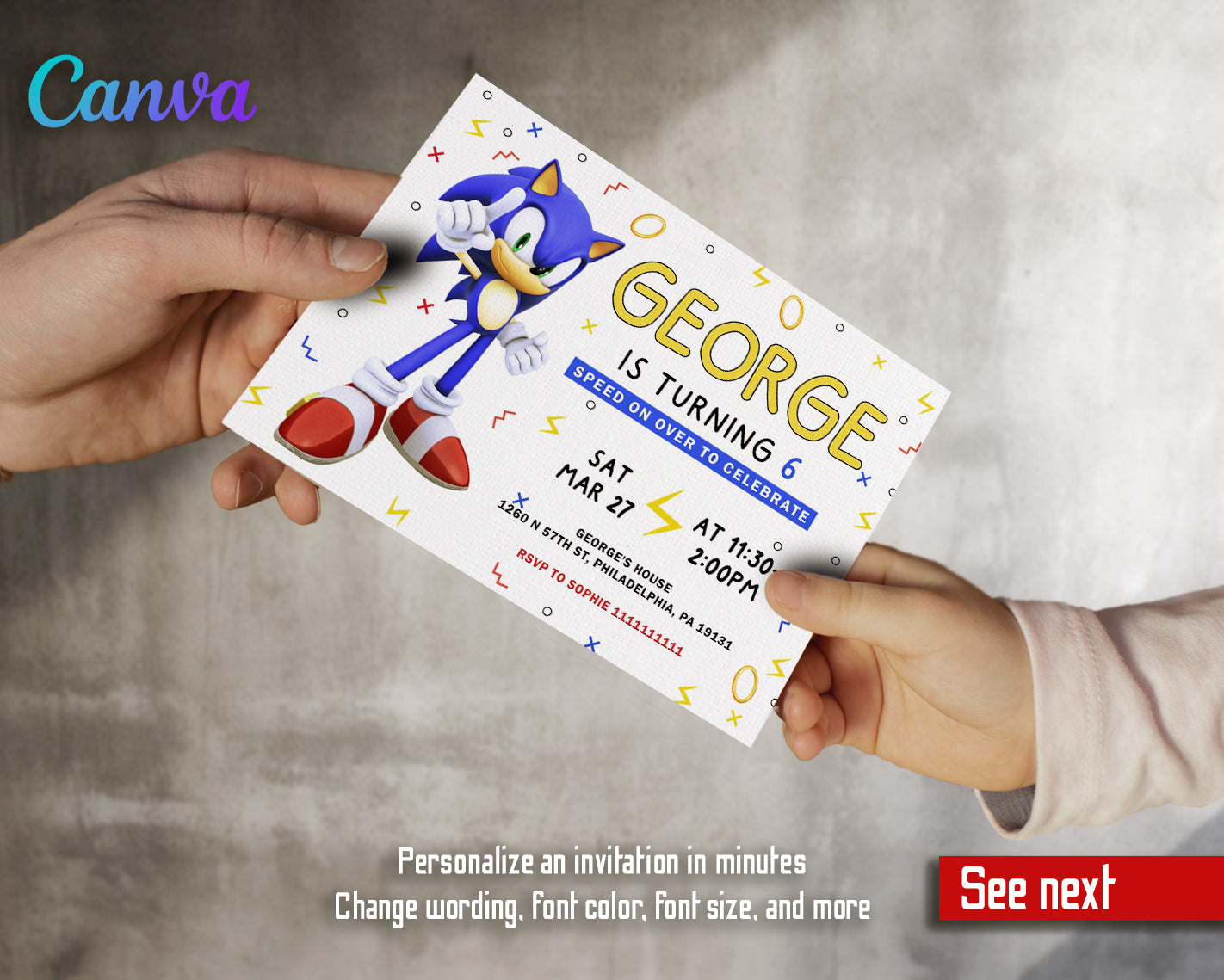 Sonic Hedgehog customizable invite template | instant download | Share or Print | CW686