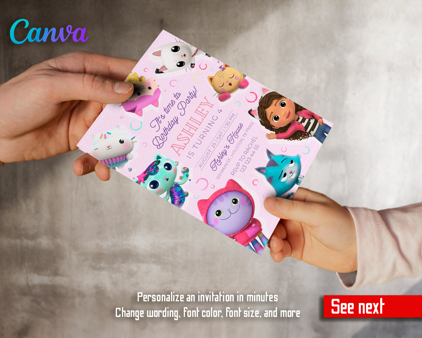 Gabby's Dollhouse customizable invite template girl | instant download | Share or Print | VO858