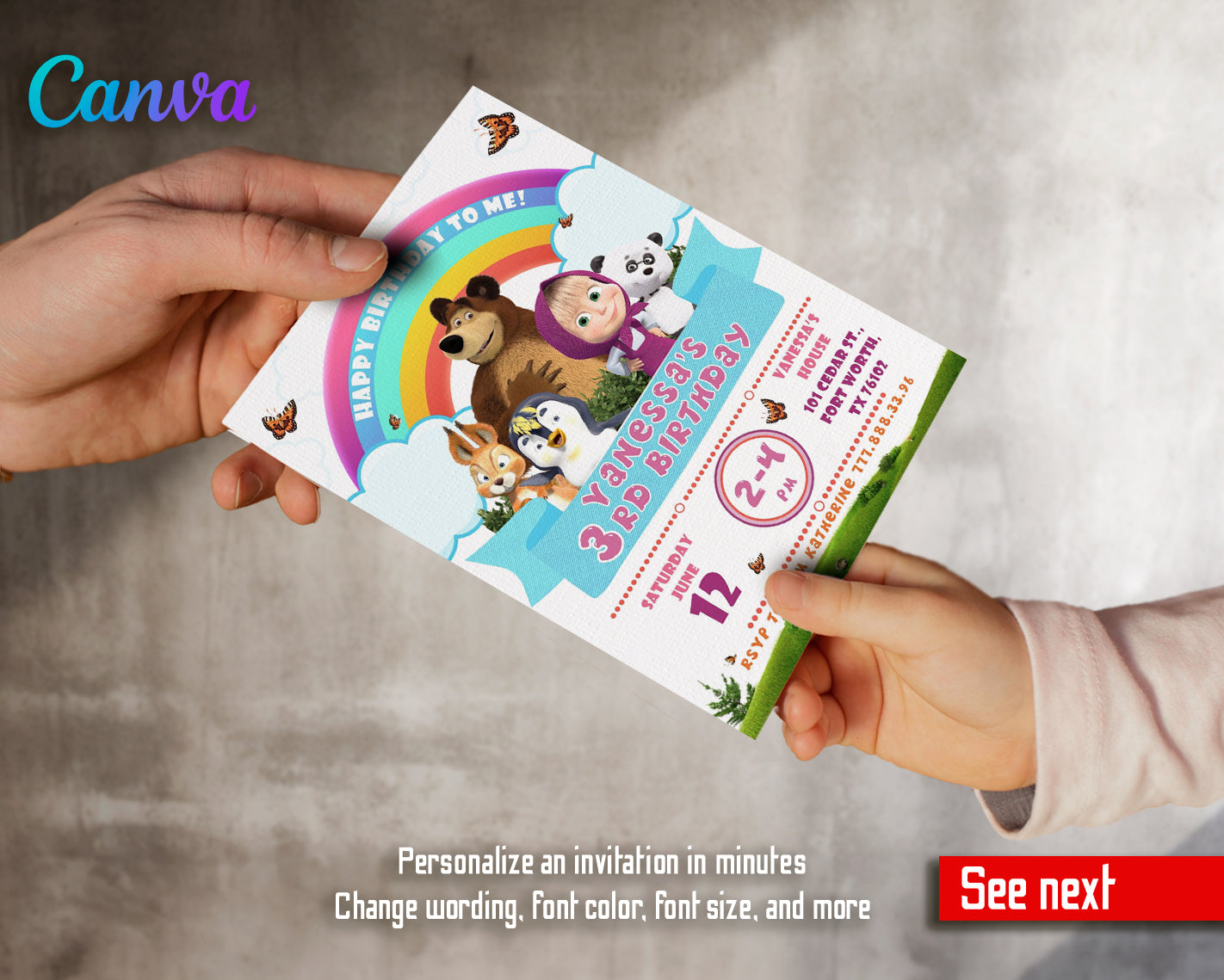 Masha and Bear customizable invite template girl | instant download | Share or Print | XG599