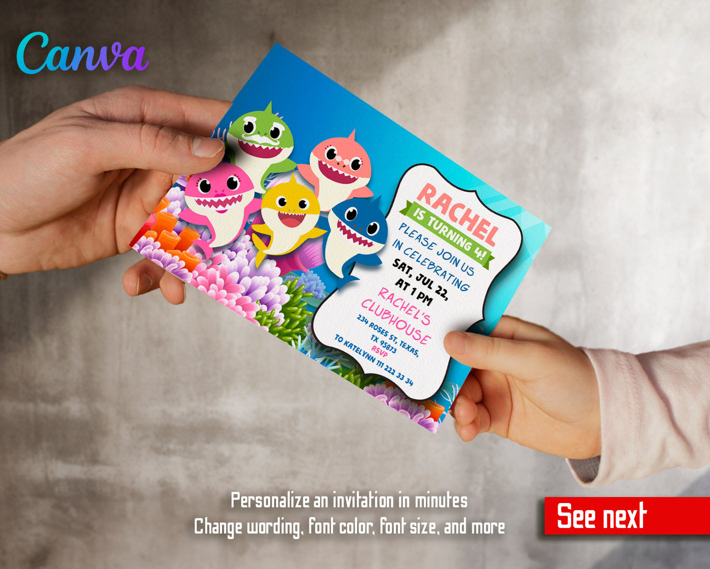 Baby Shark customizable invite template girl | instant download | Share or Print | TG302